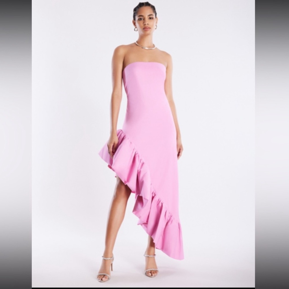 BCBGMaxAzria Alba strapless asymmetric hi-low dress in fuchsia pink